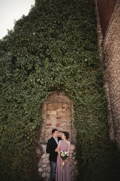 Luxus esküvői pár átölelve és megcsókolta a háttér gyönyörű növények, barlang, ősi kastély közelében — Stock Fotó