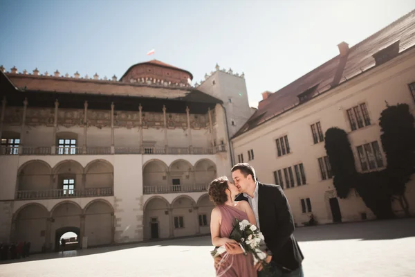 Casal feliz casamento, noivo, noiva com vestido rosa abraçando e sorrindo uns aos outros nas paredes de fundo no castelo — Fotografia de Stock