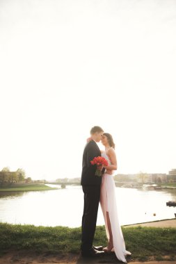 Nehir kenarında günbatımında poz zarif güzel düğün çifti