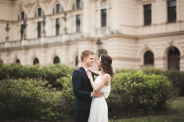 Güzel düğün çift, Gelin, damat öpüşme ve tiyatro arka planı sarılma