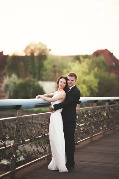 Hermosa pareja de novios posando en un puente en Cracovia — Foto de Stock