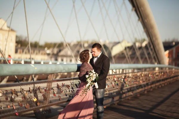 用粉红色的连衣裙，亲吻和拥抱在桥上在日落时爱新婚夫妇、 新郎、 新娘的时尚 — 图库照片