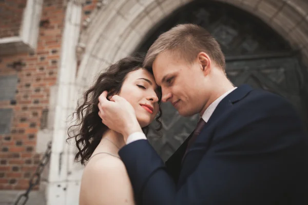 Hermosa pareja de boda, novia, novio posando cerca del antiguo edificio de la puerta — Foto de Stock