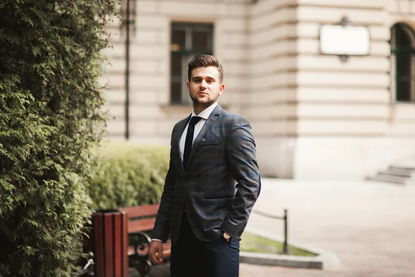 Guapo elegante joven empresario posando retrato al aire libre —  Fotos de Stock