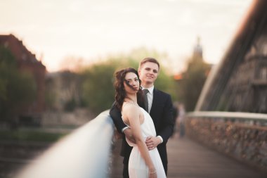 Muhteşem düğün çift, gelin ve damat Krakow Bridge'de poz