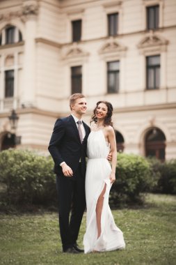 Güzel düğün çift, Gelin, damat öpüşme ve tiyatro arka planı sarılma