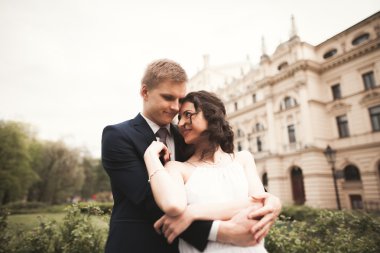 Güzel düğün çift, Gelin, damat öpüşme ve tiyatro arka planı sarılma