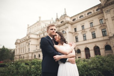 Güzel düğün çift, Gelin, damat öpüşme ve tiyatro arka planı sarılma