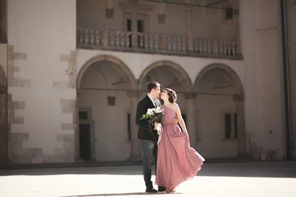 Felice coppia di nozze, sposo, sposa con abito rosa che si abbracciano e si sorridono sulle pareti di sfondo del castello — Foto Stock