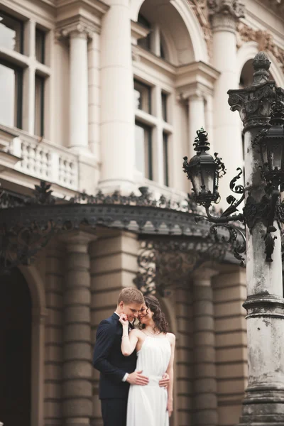 Beautiful wedding couple, bride, groom kissing and hugging against the background of theater — Stock Photo, Image