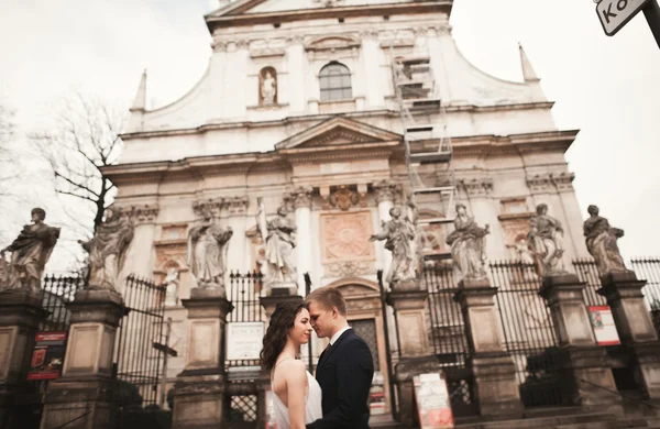 新娘和新郎背景下的美丽的教堂。漂亮的旧建筑。建筑学的婚礼 — 图库照片