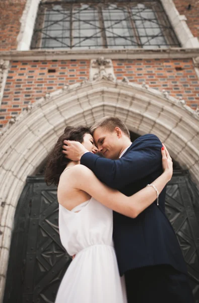 Muhteşem düğün çift, Gelin, damat yakınındaki eski kapısı bina poz