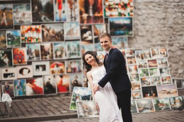 Muhteşem düğün çift, Gelin, damat öpüşme ve Resim Sergisi arka planı sarılma