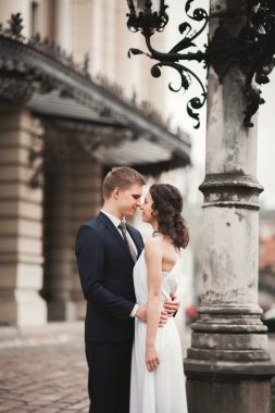 Güzel düğün çift, Gelin, damat öpüşme ve tiyatro arka planı sarılma