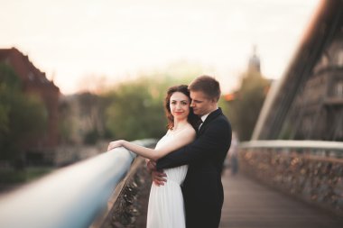 Muhteşem düğün çift, gelin ve damat Krakow Bridge'de poz