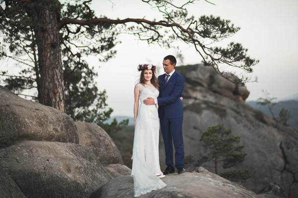 Gorgeous wedding couple kissing and hugging near the cliffs with stunning views — Stock Photo, Image