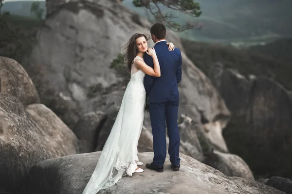 华丽的婚礼情侣接吻和拥抱附近的悬崖美景 — 图库照片
