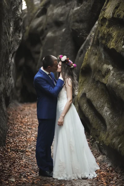 Hermosa pareja de boda besándose y abrazándose cerca de los acantilados con impresionantes vistas —  Fotos de Stock