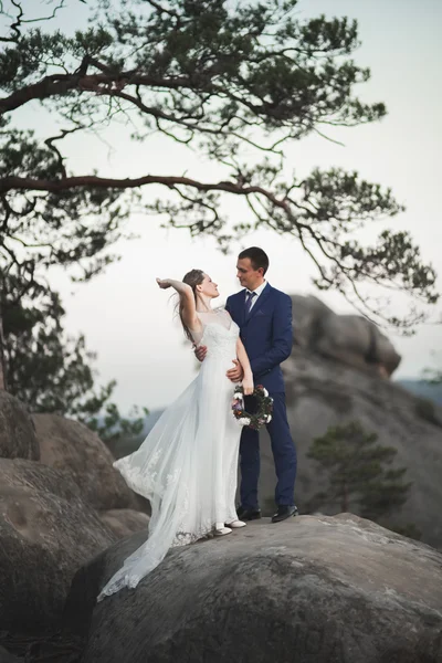 Splendido matrimonio coppia baci e abbracci vicino alle scogliere con vista mozzafiato — Foto Stock