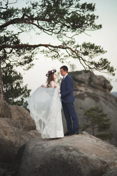 Gorgeous wedding couple kissing and hugging near the cliffs with stunning views — Stock Photo, Image