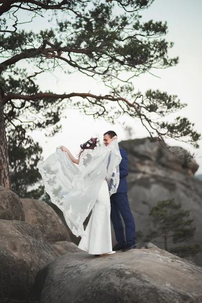 Hermosa pareja de boda besándose y abrazándose cerca de los acantilados con impresionantes vistas —  Fotos de Stock