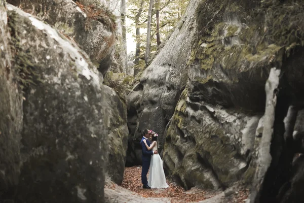 Hermosa pareja de boda besándose y abrazándose cerca de los acantilados con impresionantes vistas —  Fotos de Stock