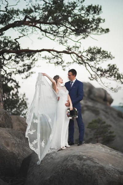 Hermosa pareja de boda besándose y abrazándose cerca de los acantilados con impresionantes vistas — Foto de Stock