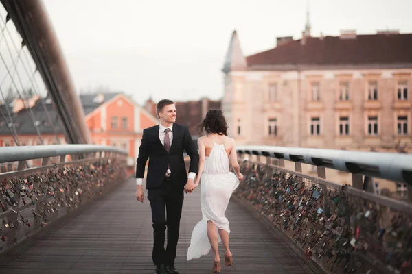 Underbara bröllop par, bruden och brudgummen poserar på bron i Krakow — Stockfoto