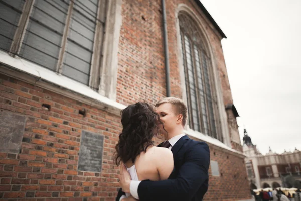 Hermosa pareja de boda, novia, novio posando cerca del antiguo edificio de la puerta —  Fotos de Stock