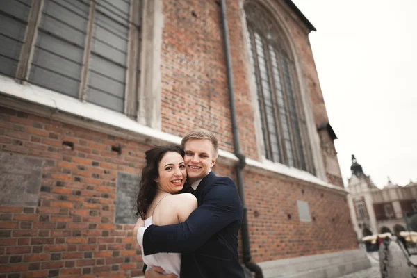 Gorgeous wedding couple, bride, groom posing near old gate building — Stock Photo, Image