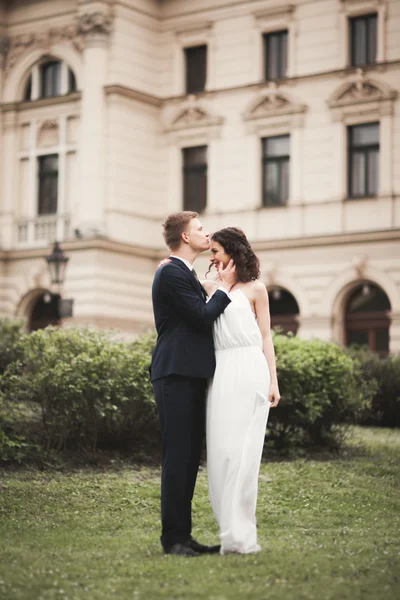 Beautiful wedding couple, bride, groom kissing and hugging against the background of theater — Stock Photo, Image