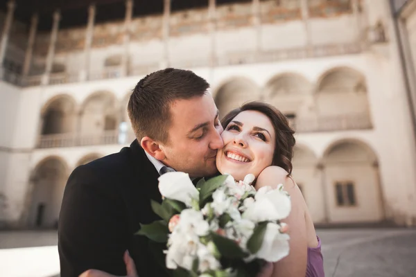 Happy wedding couple, groom, bride with pink dress hugging and smiling each other on the background walls in castle — Stock Photo, Image