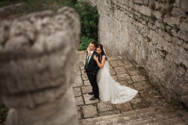 Mutlu düğün kaç sarılma ve öpüşme üzerinde arka plan eski kale