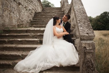 Güzel, romantik bir düğün. Yeni evliler. Eski kalenin yakınlarında sarılıyorlar.