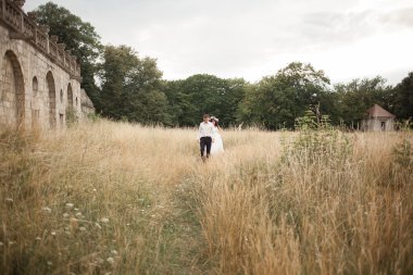Mutlu düğün kaç sarılma ve öpüşme üzerinde arka plan eski kale