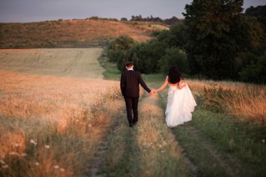 Güzel romantik bir çift yeni evliler gün batımında parkta sarılıyorlar.