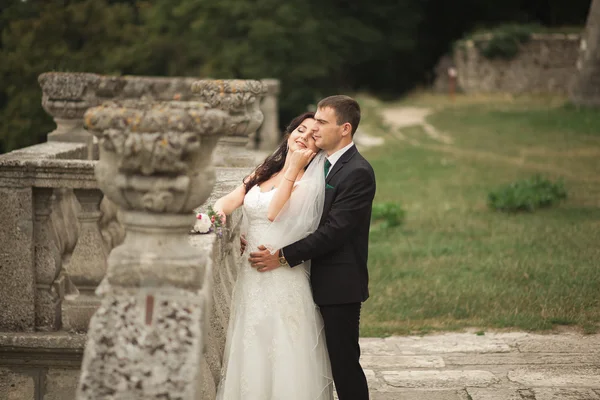 Hermosa boda romántica pareja de recién casados abrazos cerca del viejo castillo — Foto de Stock