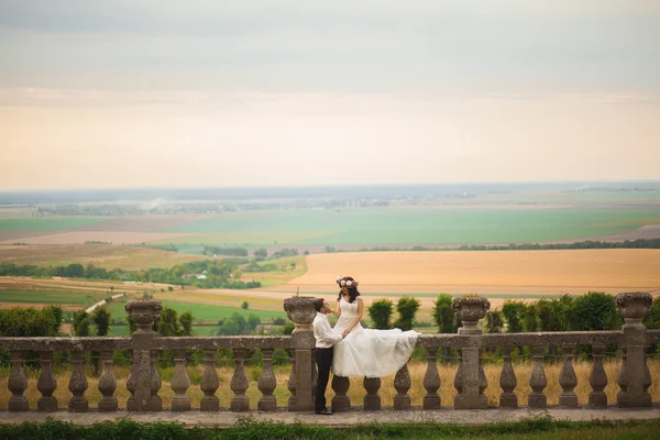 Feliz boda pareja abrazos y besos en el fondo viejo castillo —  Fotos de Stock