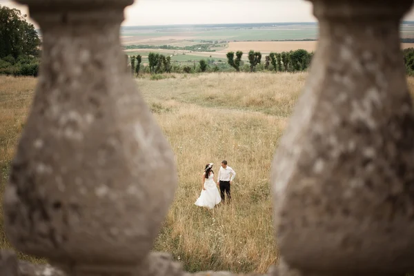 Feliz casamento casal abraçando e beijando no fundo velho castelo — Fotografia de Stock