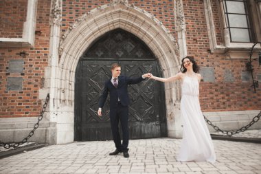 Muhteşem düğün çift, Gelin, damat yakınındaki eski kapısı bina poz