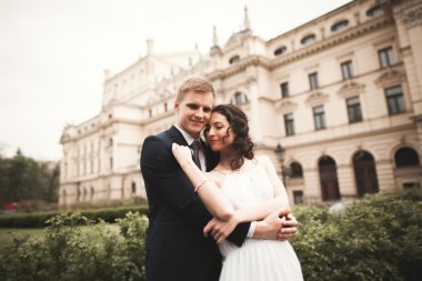 Güzel düğün çift, Gelin, damat öpüşme ve tiyatro arka planı sarılma