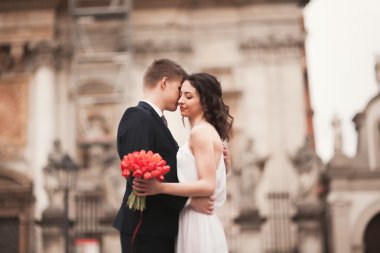 Gelin ve damat güzel kilise arka plan üzerinde. Güzel eski bina. Arch. düğün