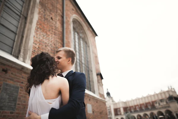 Gorgeous wedding couple, bride, groom posing near old gate building — Stock Photo, Image