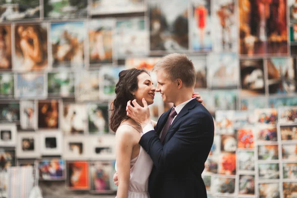 Hermosa pareja de boda, novia, novio besándose y abrazándose contra el fondo de las pinturas —  Fotos de Stock