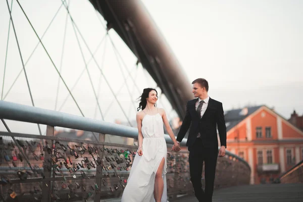 Gyönyörű esküvői pár, a menyasszony és a vőlegény pózol a híd Krakkóban — Stock Fotó