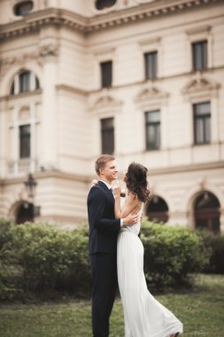 Güzel düğün çift, Gelin, damat öpüşme ve tiyatro arka planı sarılma