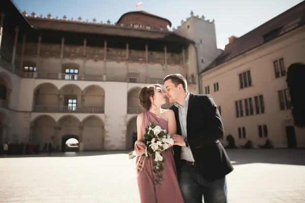 Para piękny, mężczyzna, dziewczyna z długo różowy sukienka pozowanie w starym zamku w pobliżu kolumny. Vavel Kraków — Zdjęcie stockowe