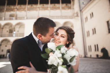 Mutlu düğün çift, damat, Gelin pembe elbise ile sarılma ve birbirlerine arka plan üzerinde gülümseyen duvarlar kalede