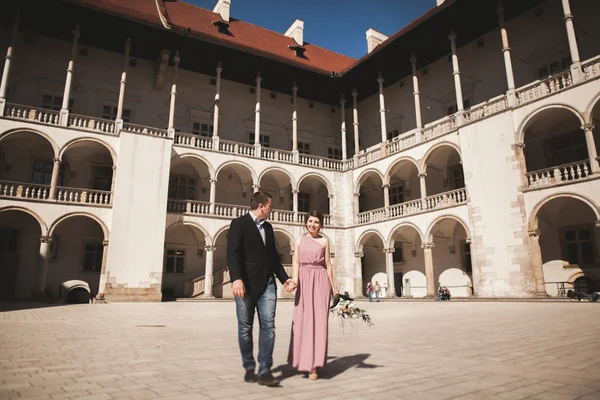 Happy wedding couple, groom, bride with pink dress hugging and smiling each other on the background walls in castle — Stock Photo, Image