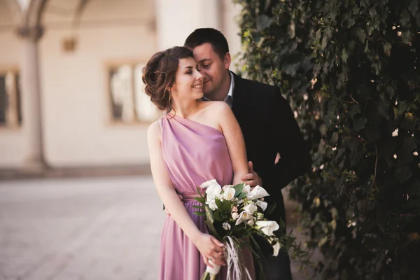 Feliz pareja de boda, novio, novia con vestido rosa abrazándose y sonriendo entre sí en las paredes de fondo en el castillo — Foto de Stock